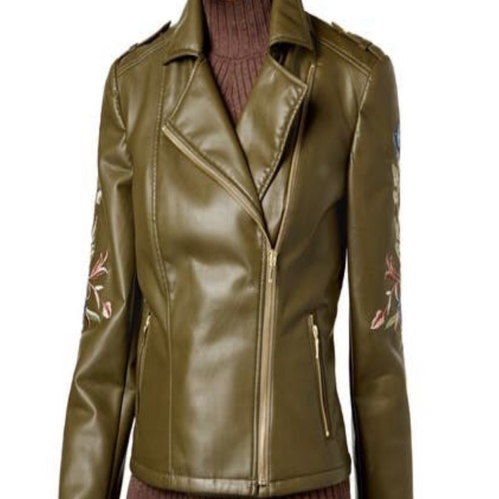 I-N-C Olive Green Vegan Leather Modern Embroidered Motorcycle Jacket, Si…